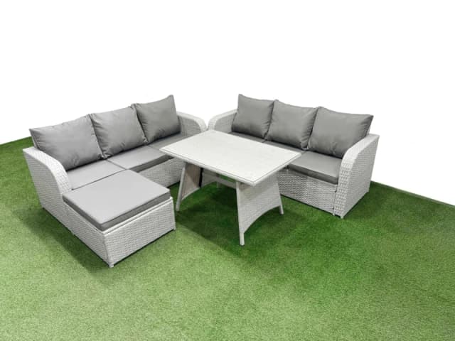 Fimous Rattan High Back Lounge Sofa Set with 3 Seater Sofa Big Stool in Light Grey Light Grey Unisex
