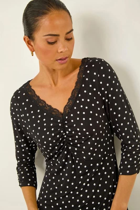 Roman Womens Petite Polka Dot Lace Trim Dress in Black Size: 18 Black Female 18
