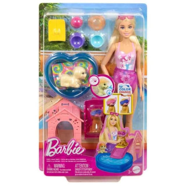Barbie Puppy Pool Party Toy Playset with Fashion Doll Doghouse & Slide Heart-Shaped Pool 2 Pet Dog Figures 6 Accessories & Color Change JBF35