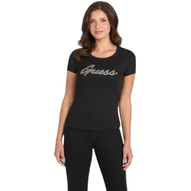 Guess Womens T-Shirt Guess Logo Hot Fix Noir Female L