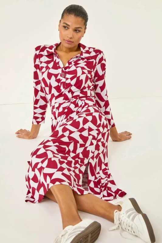 Roman Womens Abstract Geometric Shirt Dress in Red Size: 20 Red Female 20