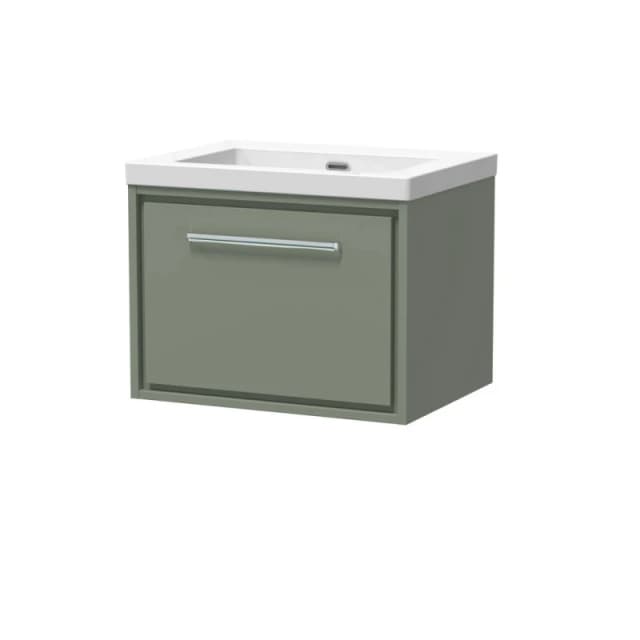 Balterley Modern Bathroom 1 Soft-Close Drawer Wall Hung Vanity Unit Fireclay Basin, Fern Green, 600mm