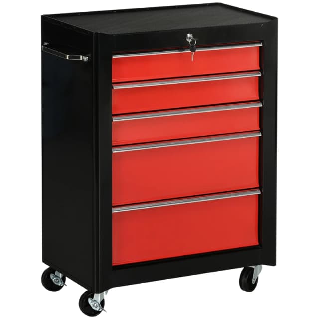 HOMCOM Tool Chest with 5 Drawers, Lockable Steel Storage Cabinet on Wheels with Handle, Red, for Garages & Workshops Aosom UK