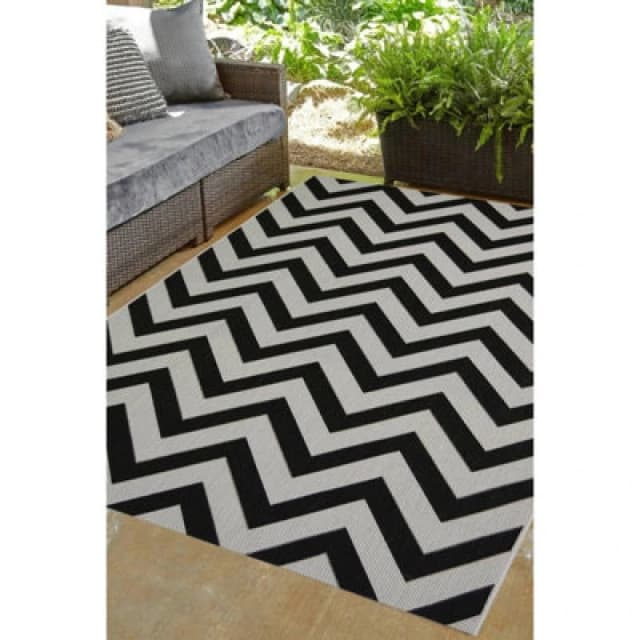 Melrose Eden Chevron Black Stripes Indoor Outdoor Medium Area Rug 3mm Pile Height - 120/170Cm