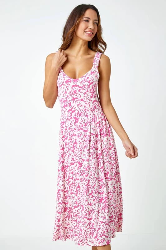 Roman Womens Sleeveless Floral Midi Stretch Dress in Pink Size: 14 Pink Female 14