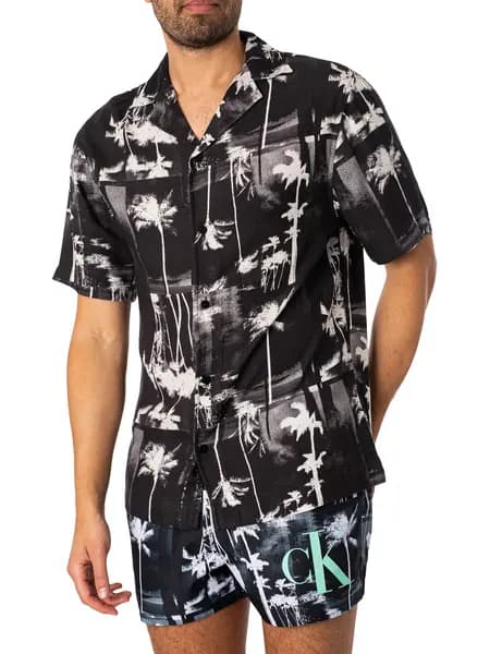Calvin Klein Resort Print Short Sleeved Shirt Palm Black L