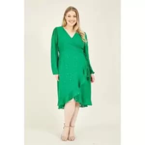 Yumi Curve Frill Spotted Wrap Dress In Green - Green