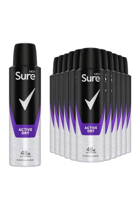 Sure Alcohol-Free Men Active Dry 'Body Spray Deodorant', 12x150ml White male