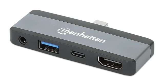 Manhattan Manhattan USB-C Travel Dock/Hub, Ports (x4): HDMI, USB-A, USB-C and 3.5mm audio, With Power Delivery (100W) to USB-C Port, Black/Space Grey,