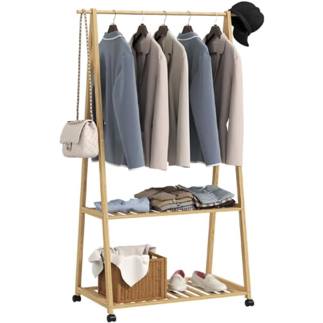 HOMCOM Bamboo Clothes Rail Rack with 2 Storage Shelves - Natural Wood Effect TJ Hughes 5063603874091