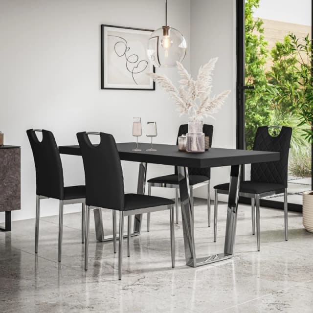 More4Homes Aria Dining Table And Chairs - Black Table Top W Chrome Legs + Monza Faux Leather Dining Chair W Chrome Legs Set Of 4 (Black)