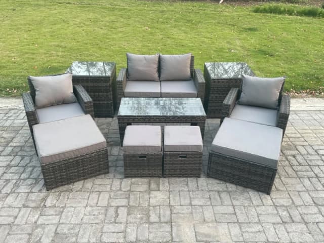 Fimous High Back Rattan Garden Furniture Sofa Sets w/ Rectangular Coffee Table 2 Side Tables Armchair 2 Big Footstool 2 Small Footstools Dark Grey Dar