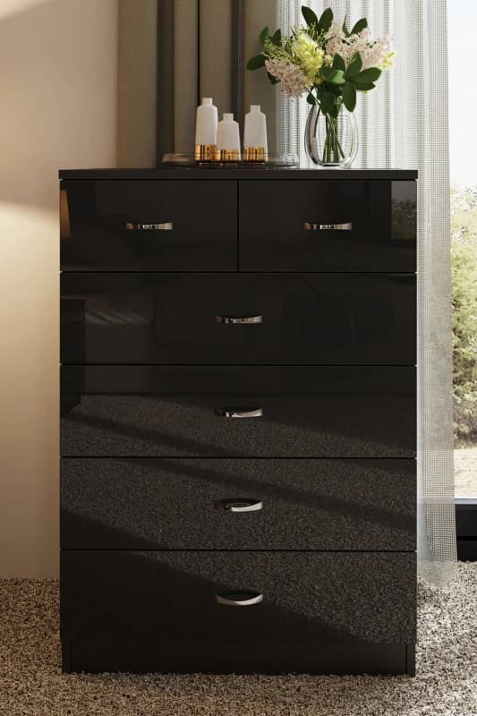 FWStyle FWStyle Large 6 Drawer High Gloss Chest Of Drawers in Black One Size Unisex 5056413121271