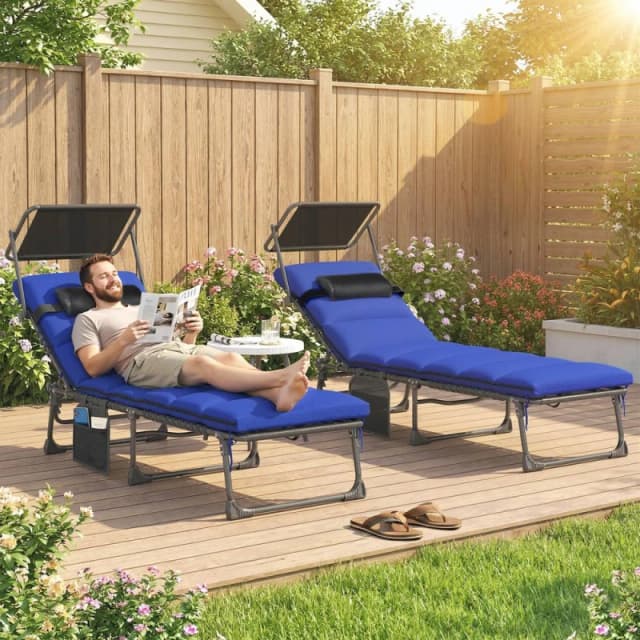 OUTSUNNY Folding Sun Lounger, Sunbed with Canopy in Dark Blue Size: 190cm x 60cm Dark Blue Unisex 190cm x 60 cm