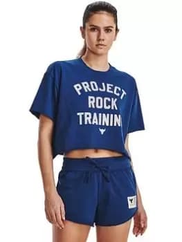 Under Armour Project Rock Short Sleeve Crop Rvl Terry Tg, Blue, Size XS, Women