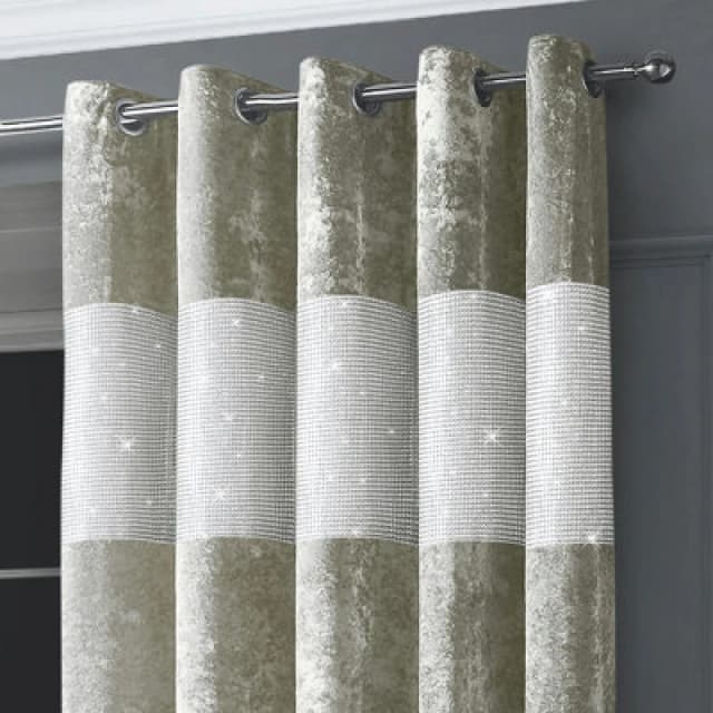 Intimates Diamante Crushed Velvet Ready Made Eyelet Curtains - Natural
