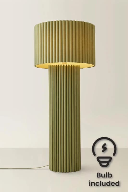 ValueLights ValueLights Lenny Drum Shade Colour Drench Ribbed Fabric Midi Floor Lamp with Bulb in Pale Green Pale Green One Size Unisex 5059406066504