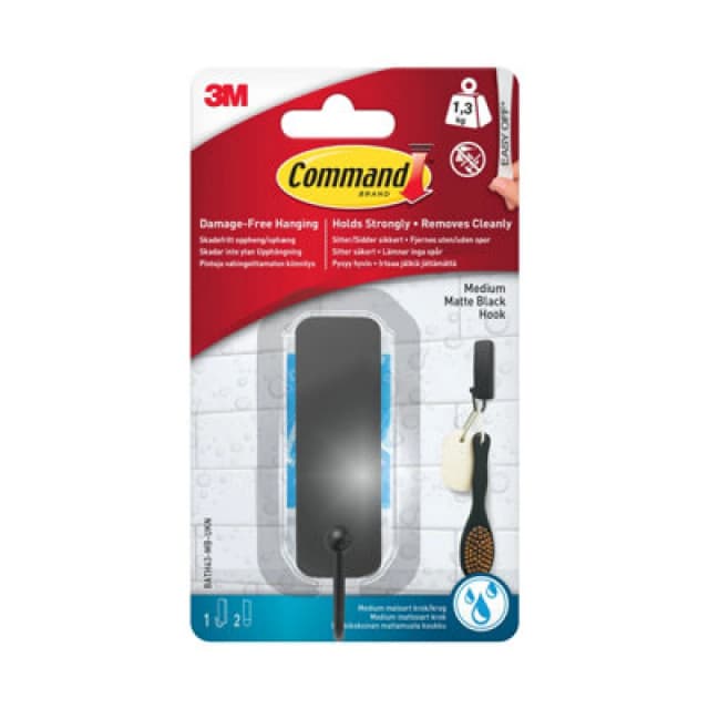 3M CLAW Command Bath Medium Hook, Matte Black, BATH43, 1 hook and 2 strips Black