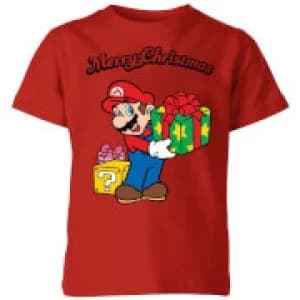 Nintendo Super Mario Merry Christmas Present Kid's T-Shirt - Red - 11-12 Years