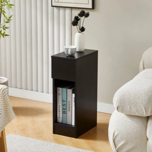 MCC Direct Solid Wooden Bedside Table With Open Shelf And Drawer Black Ava By Mcc