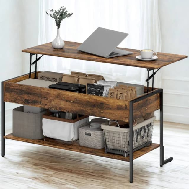 Pirlo Plush Industrial Lift Top Coffee Table With Storage Shelf Rustic in Brown Brown Unisex