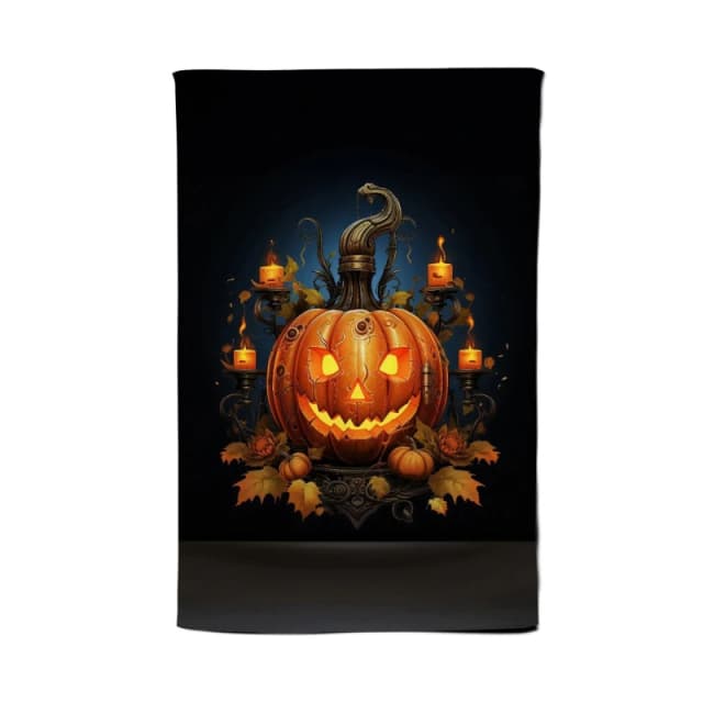 Warren Reed - Designer Spooy Pumpkin With Leaves & Small Candles Tea Towel in Orange Orange Unisex