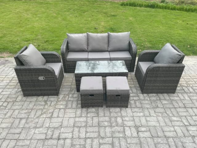 Fimous 7 Seater Outdoor Garden Furniture Sets Wicker Rattan Furniture Sofa Sets with Rectangular Coffee Table Reclining Chair Dark Grey