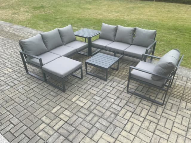 Fimous Aluminium 8 Seater Outdoor Garden Furniture Lounge Sofa Set with Square Coffee Table Chair Big Footstool Side Table Dark Grey Dark Grey Unisex