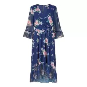 Yumi Navy Floral Wrap Dress With Dipped Hem - Blue
