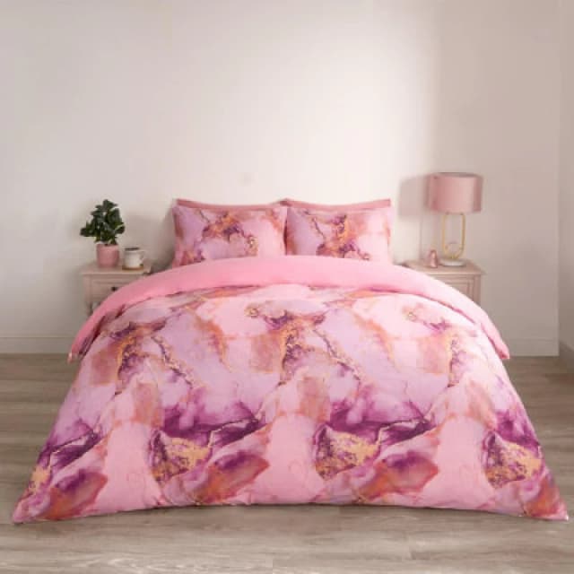 OHS OHS Marble Duvet Cover Set Quilt Bedding Reversible in Pink Size: Double Pink Double Unisex 5027434183234