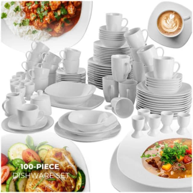 Tectake 100 PC Dinner Set Salerno - 100 Pieces, Porcelain, For 12 People, Dishwasher Safe - White