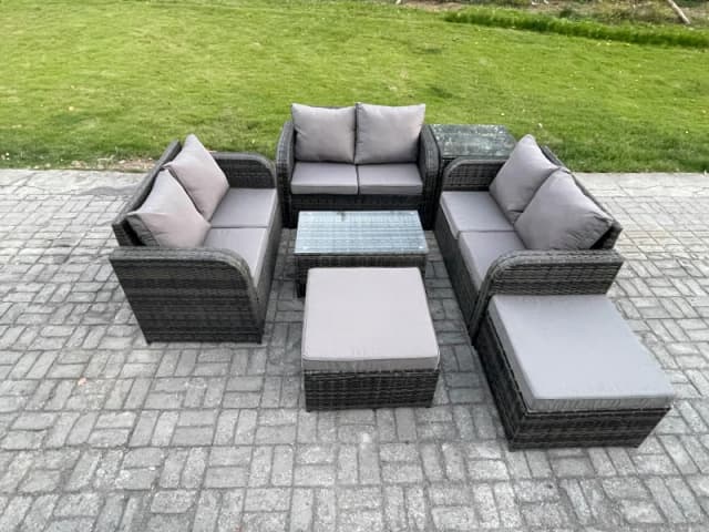 Fimous Wicker PE Rattan Garden Furniture Set 8 Seater Outdoor Lounge Sofa Set with Love Sofa Coffee Table Side Table 2 Big Footstool Dark Grey