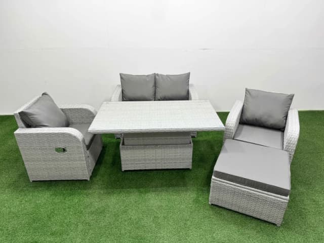 Fimous Light Grey PE Wicker Rattan Garden Furniture Set Sofa Set Reclining Chair Adjustable Lifting Dining or Coffee Table 5 Seater With Footstool Lig