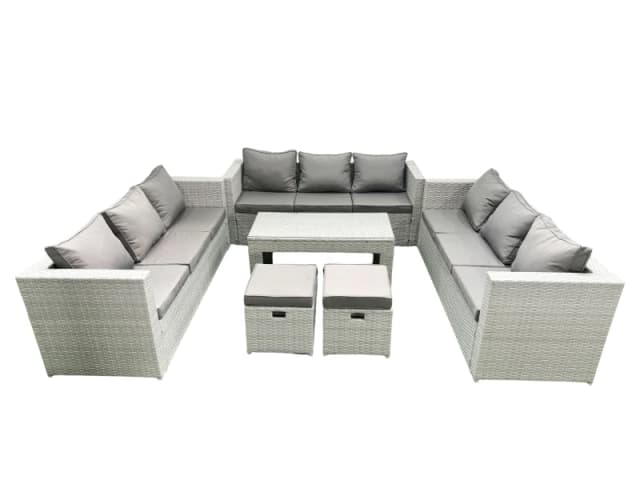 Fimous Rattan Garden Outdoor Furniture Set 11 Seater Garden Sofa Oblong Coffee Table Set with 2 Small Footstool Light Grey Mixed Light Grey