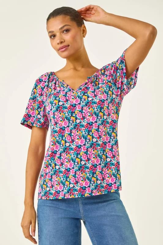 Roman Womens Floral Gathered V-Neck Stretch Top Size: 14 Multicolor Female 14