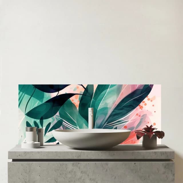 Warren Reed - Designer Green Feather leaves Tropical Glass Bathroom Splashback Green Unisex