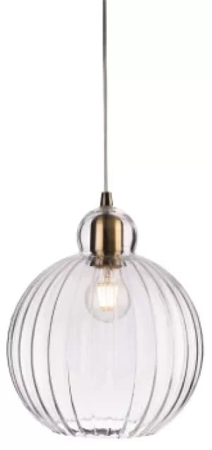 Victory 1 Light Globe Ceiling Pendant Antique Brass, Clear Glass, E27