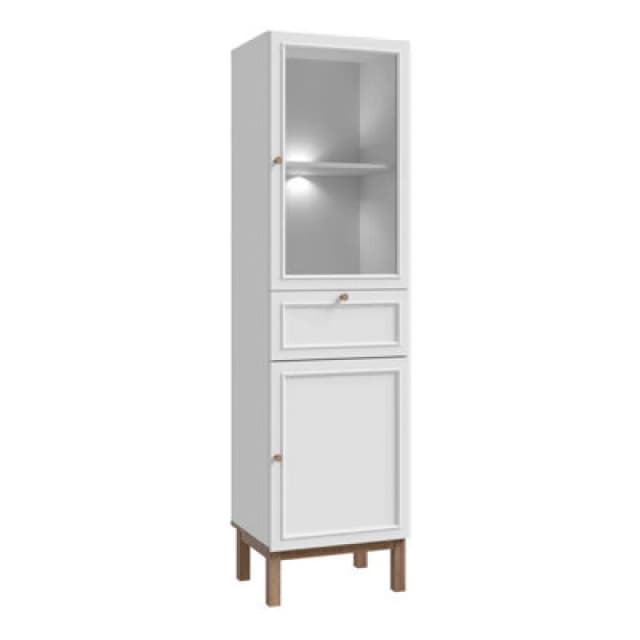 Furniture To Go Wensley Display Cabinet With 1 Door 1 Drawer And 1 Glass Door In Light Grey And Oak Inc LED Lighting