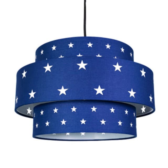 Happy Homewares Triple Tier Midnight Blue Cotton Fabric Childrens Pendant Shade With Stars Decor