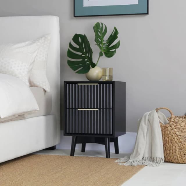 Home Garden Direct Monza 2 Drawer Bedside Table with Fluted Front Black Unisex
