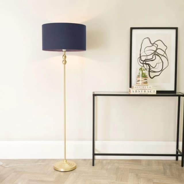 ValueLights Maggie Gold Metal Candlestick Floor Lamp with Fabric Lamp Shade Navy