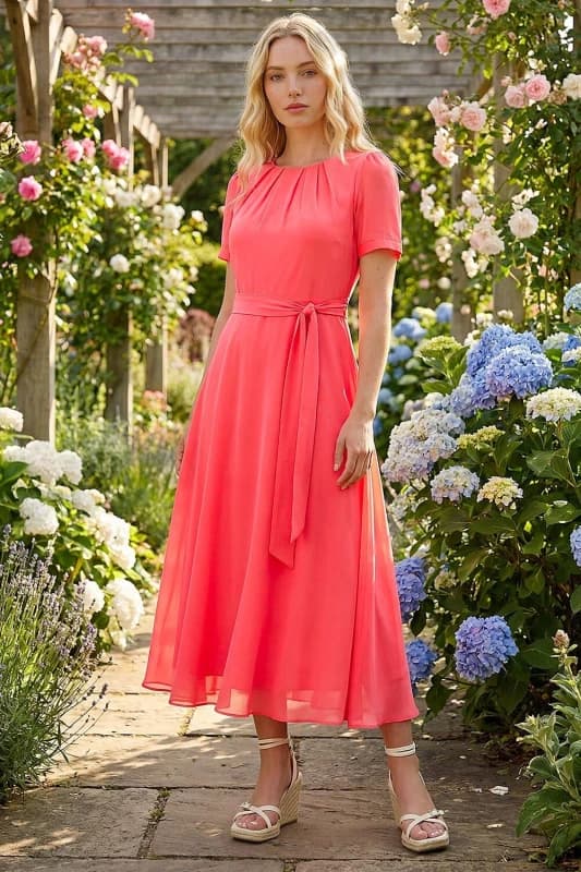 Roman Womens Pleat Chiffon Belted Midi Dress in Coral Size: 16 Coral Female 16