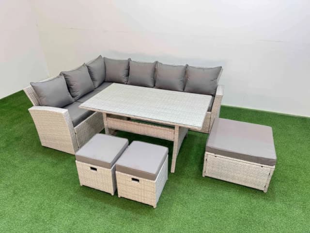 Fimous 9 Seater Rattan Garden Furniture Set with Dining Table 3 Footstools in Light Grey Light Grey Unisex