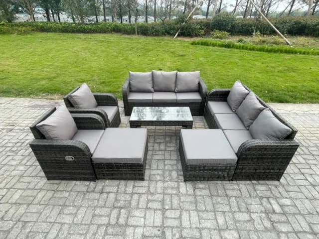Fimous Rattan Wicker Garden Furniture Patio Conservatory Sofa Set with Rectangular Coffee Table Reclining Chair 2 Big Footstool Dark Grey