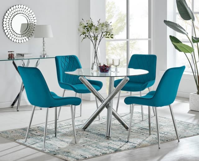 FurnitureboxUK FurnitureboxUK Selina Round Glass Chrome Leg Dining Table and Pesaro Silver Leg Chairs in Blue Size: 4 Person Blue 4 Person Unisex 50