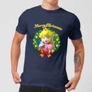 Nintendo Super Mario Peach Merry Christmas Wreath Navy T-Shirt - L - Navy