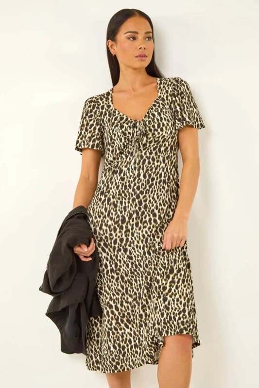 Roman Womens Petite Animal Print Drawstring Midi Dress in Khaki Size: 14 Khaki Female 14