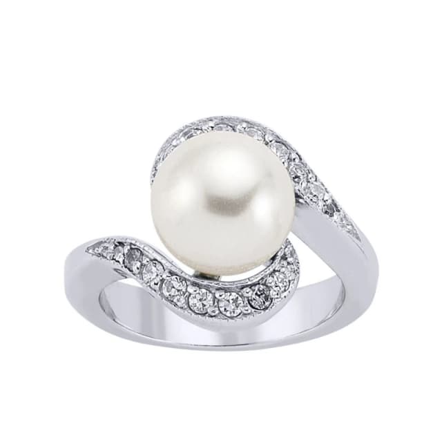 Jewelco London Silver CZ Pearl Tornado Spiral Full Moon Dress Ring 11mm - GVR231 Silver