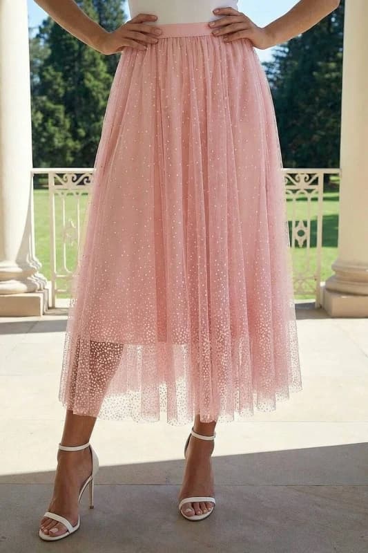 Roman Womens Polka Dot Print Elasticated Mesh Skirt in Light Pink Size: 12 Light Pink Female 12