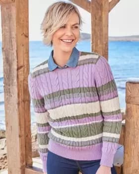 Cotton Traders Womens Cutest Cable Stripe Crew Neck Jumper in Green